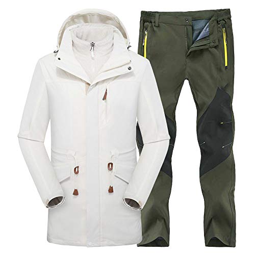 Inverno Trekking Sci Giacca Set Mens Caldo Sport All'Aperto Impermeabile Cappotti Abbigliamento Con Cappuccio Pantaloni Campeggio, Uomo, Verde militare bianco, L