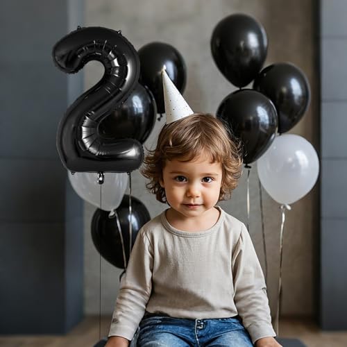Image of 20 Pcs 16 Inch Black Number 0-9 balloons, Number Foil Balloons, Small Mylar Numbers Balloon Custom Digital Balloons for Birthday Aniversary Baby Shower Party Decorations Supplies (Black 2 Set)