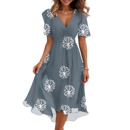 Image of Generisch Women's Casual Dress with V-Neck and Short Sleeves Made of Lightweight Material Retro Floral Print Design for Everyday and, navy, M