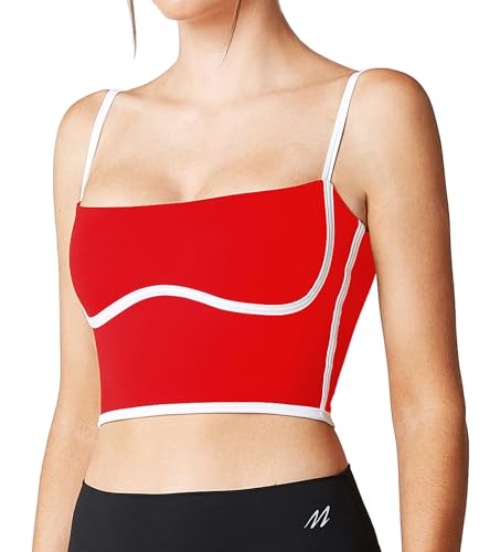 Image of Sleeveless Spaghetti Strap Padded Sports Bra Tank Tops Square Neck Double Layer Workout Fitness Basic Crop Tops