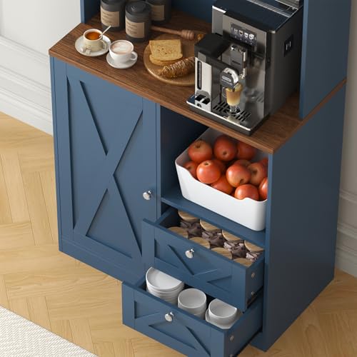 Image of 71 inch Tall Coffee Bar Cabinet with Storage Hutch, Farmhouse Kitchen Pantry Cabinet with LED Lights Microwave Stand and Glass Holder for Home Dining Room Kitchen (Blue)
