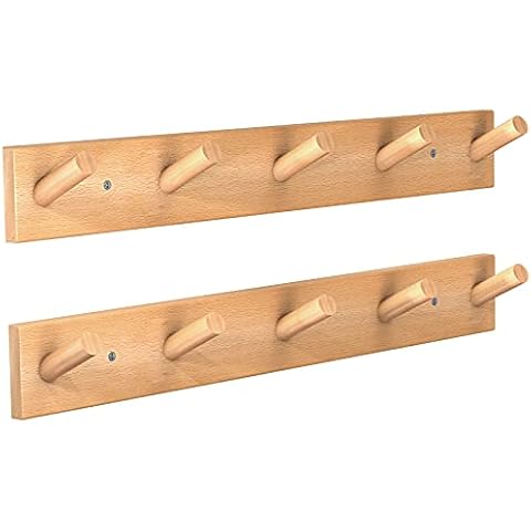 HangerSpace Wooden Wall Mounted Coat Rack, 2 Packs Natural Wood Duty Coat Hanger with 5 Pegs Wall Hooks for Hanging Coats Towels Purse Robes Cover