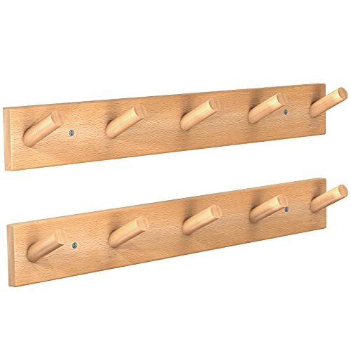HangerSpace Coat Rack Wall Mounted, Natural Wood Heavy Duty Coat Hooks with 5 Pegs Wall Hooks, Rustic Wooden Coat Hanger Hat Rack for Hanging Coats Towels Purse Robes