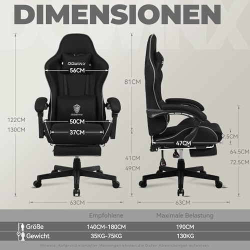 Dowinx Sedia da gaming, ergonomica, con supporto lombare, regolabile, con poggiapiedi (nero) - Immagine 2