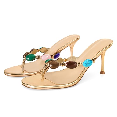 Women's Strappy Heeled Sandals Jewelled Thong Flip-Flop Kitten Heels Slip On Pumps Stiletto Dressy Summer Mule High Heel Round Open Toe Fashion Vintage Bohemia