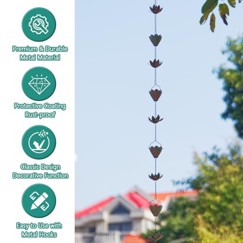giole 10.3FT Lotus Rain Chains for Gutters, Rain Chains with 16 Cups, Adjustable Rain Catcher Chain for Outside, Replacement Downspout for Gutters, Eaves, Drainage
