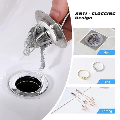 Image of Plastic Pop-Up Sink Drain Stopper with Hair Catcher - Universal Push Button Filter for Bathroom, Kitchen, Wash Basin & Bathtub - Anti-Clog, Corrosion Resistant. (1)