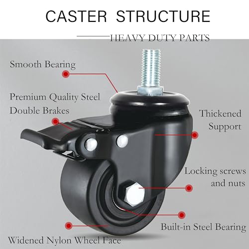 Heavy Duty Casters, M16x30mm Stem Casters Low Gravity Center Swivel Castors 3000lbs Load Heavy Capacity Caster Wheels Set of 4 for Industry, Workbench etc (2.5 Inch, 4 with Brakes) by YEWEKE - Used condition - Image 2
