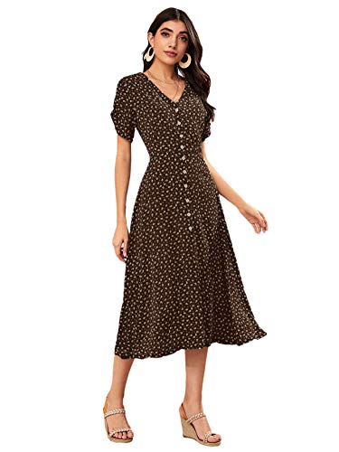 Floerns Women s Floral Print Button Up Short Sleeve Split Hem Flowy A Line Maxi Dress Chocolate Brown M