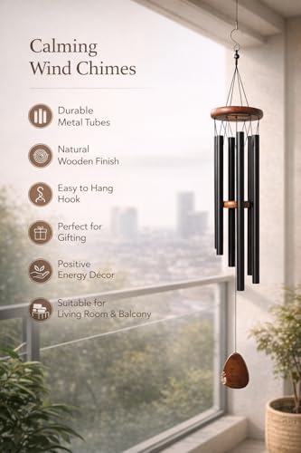 Image of Black Metal Wind Chime with Wooden Finish | Soothing Sound Hanging Wind Chimes for Home, Balcony, Garden & Patio