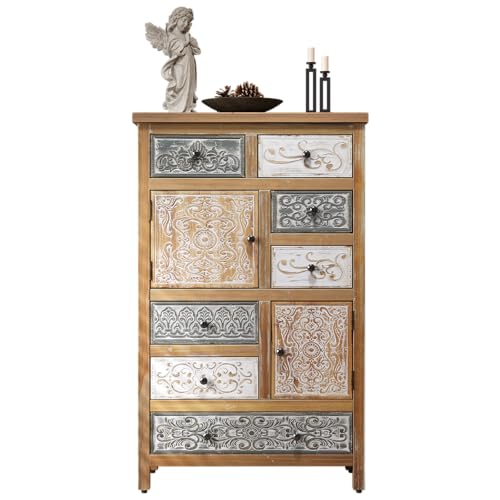 Vintage Tall Wooden Accent Cabinet with 6 Drawers & 2