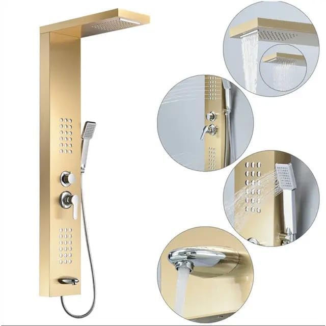 Shower Panel For Bathroom Full Set Stainless Steel 304 Shower Panel for Bathroom with HandShower/Showerhead/Body Massage Jets/Shower System with Hot & Cold Mixer (Classic Gold)