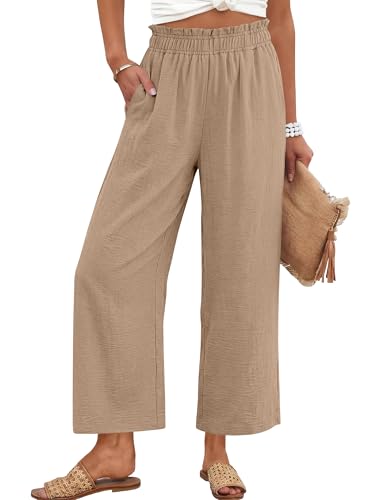 Image of ANRABESS Womens Wide Leg Cropped Palazzo Pants | Lightweight Breathable Elastic High Waisted Pants, Beach Vacation Flowy, Lounge & Casual Summer Trousers with Pockets