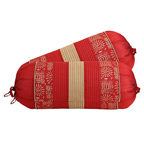 Image of Gifts Island Combo Silk Traditional Striped & Rajasthani Warli Golden Hand Printed Pillow Cushion Covers 16x16 inches Set of 5 & Round Pillow Bolster Covers Set of 2 16x32 inches (Red)