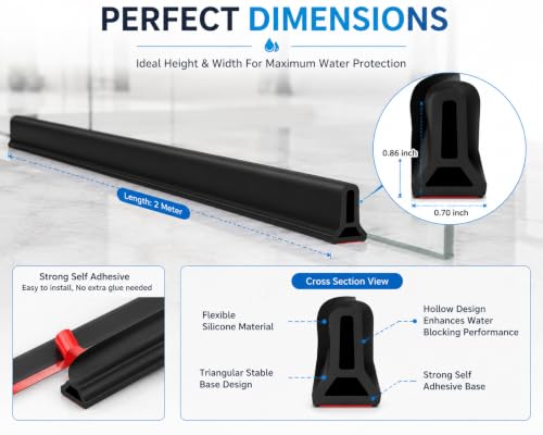Image of Cosyeasy 1 Meter Collapsible Shower Threshold Water Dam, Self-Adhesive Silicone Water Barrier Strip, Water Stopper for Bathroom Floor, Wet & Dry Separation, Waterproof Shower Threshold, Black