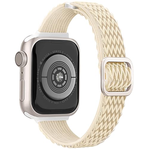 Melyis Nylon Solo Loop Band Compatible with Thin Apple Watch Bands for Women 40mm 41mm 38mm, Stretchy Elastic Sport iWatch Bands for Slim Apple Watch Band Series 9 SE Series 8 7 6 5 4 3 2 1, Starlight