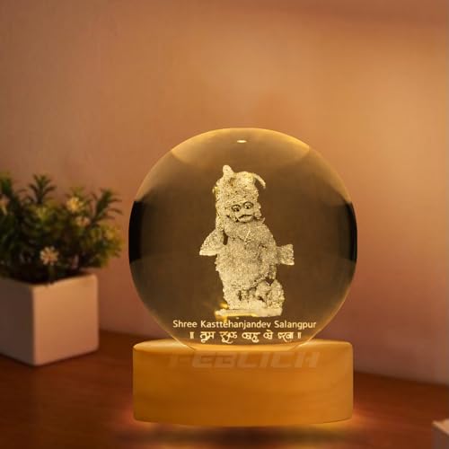 Image of 3D Hanuman Crystal Ball Night Lamp, Solar System Hanuman Crystal Ball Night Light, USB Table Colorful LED Wooden Crystel Ball for Home, Office, Birthday Gift (Kashtbhanjan Dev)