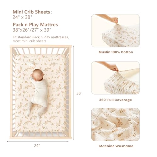 Image of Konssy Muslin Mini Crib Sheets, 100% Soft Cotton Pack and Play Sheets for Pack N Play Mattress, Playard Baby Crib Sheets for Baby Girls (Floral, Pink)