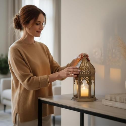 Image of Mini Metal Tea Light Lantern Set of 2 Yellow Candle Holder Home Decor | | Perfect for Living Room, Bedroom, Pooja Space, Festive Decor, Weddings, Housewarming & Gifting Ideal for Diwali, Wedding