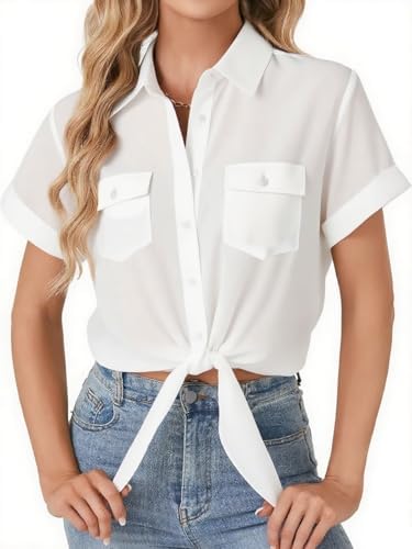 SRHJOPNFR Womens Button Down Shirt Fashion Tie Front Knot Short S...