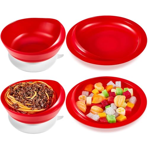 Spill Proof Scoop Plate and Bowl with Suction Base, Suction Cup Bowl, Parkinsons Aids for Living, Adaptive Dinnerware Feeding Aids for Elderly and Disabled (One Plate+one Bowl,red)