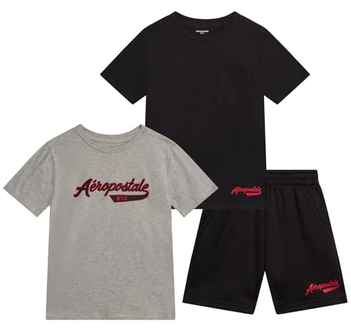 Image of AEROPOSTALE Boys Athletic Shorts Set - 3 Piece Performance Short Sleeve Graphic Boys T Shirts & Fleece Shorts (Size: 8-12)