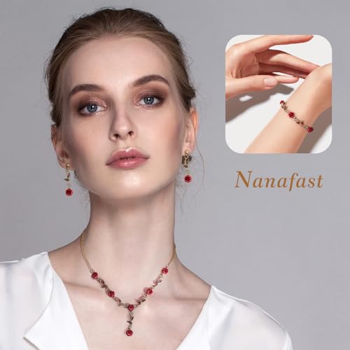 Nanafast 3Pcs Red/Hot Pink Rose Jewelry Set Adjustable Rose Pendant Necklace Flower Bracelet Earrings for Prom Wedding Party Valentine’s Day-Gold chain by Nanafast - Used condition - Image 2