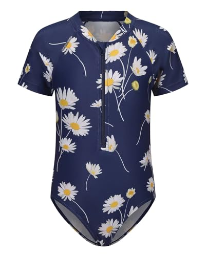 Image of Girls One Piece Rash Guard Swimsuits for Kids Girls Short Sleeve Bathing Suits with Front Zipper Swimwear 3-16 Years