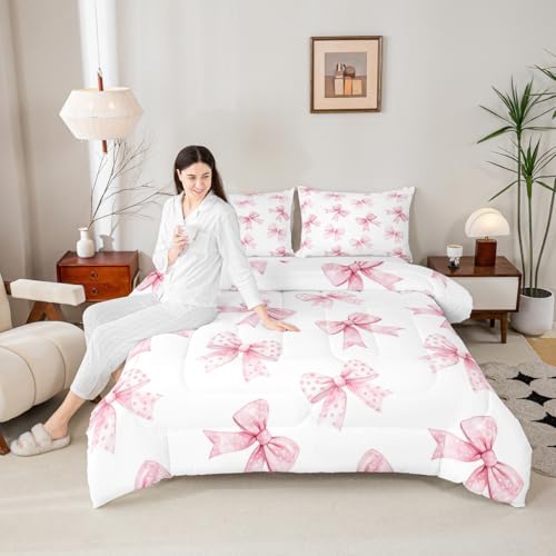 Image of Erosebridal Pink Bow Kids Bedding | Coquette Bowknot Queen Comforter Sets,Princess Girls Ribbon Bowtie Comforter Watercolor Cute Duvet Insert with 2 Pillow Cases