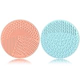 2 Pieces Silicone Makeup Brush Cleaner, YalsFTY Cosmetic Brush Scrubber Mat Pad Cleaning Tool, Dual-Sided Functionality to Accommodate All types of Brushes, Powder Puffs and Sponges (Blue & Peach)