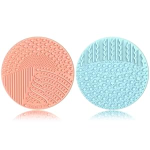 2 Pieces Silicone Makeup Brush Cleaner, YalsFTY Cosmetic Brush Scrubber Mat Pad Cleaning Tool, Dual-Sided Functionality to Accommodate All types of Brushes, Powder Puffs and Sponges (Blue & Peach)