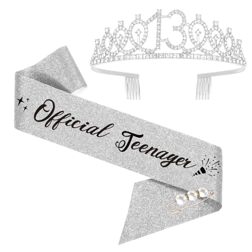 13th Birthday Sash and Tiara, Happy 13th Birthday Crown Birthday Gift for Girl, Teenager Thirteen Years Old Birthday Tiara Crowns for Girls Gift (Silver)