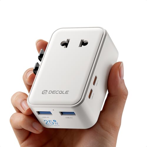 decqle “Air” Adaptador Enchufe Universal, Delgado Adaptador de Viaje con 2 USB-C(PD 25W), 2 USB-A y 1 AC, Adaptador Universal para EU, Reino Unido, Americano, Canadá, Australia & 224+País(Blanco)