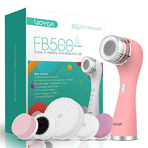 VOYOR Facial Cleansing Brush Rechargeable, Spin Face Brush Waterproof 5-IN-1 Body Brush Set for Deep Skin Cleansing, Gentle Exfoliating and Massaging FB500 (Pink)