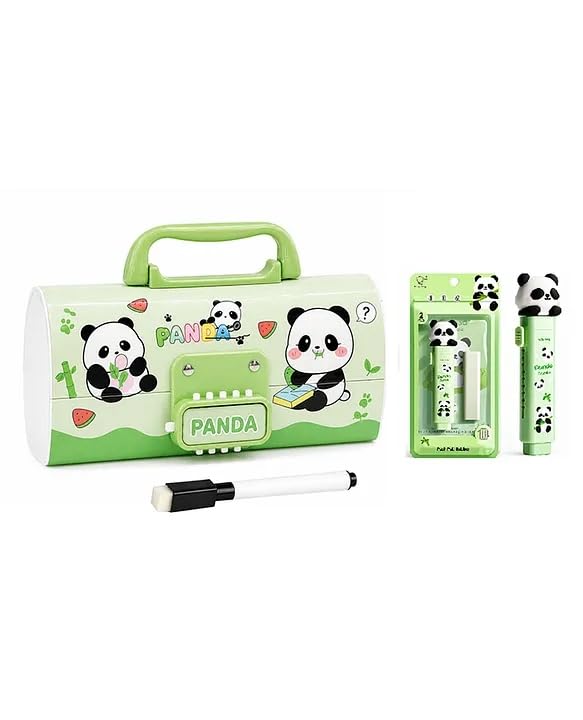 Image of Invite New Cartoon Theme Pencil Box with Push Pull Eraser Set for Kids | Suitcase Style Password Lock Stationery Organizer | School Supplies Gift Combo for Boys & Girls (Panda Green + Eraser)