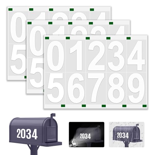 Reflective Mailbox Numbers Sticker, 3 Sets Large 0-9 Self Adhesive Vinyl Waterproof Number Sticker for Outside, Signs, Windows, Doors, Cars, Trucks, Address Numbers for House (3" * 3, white)