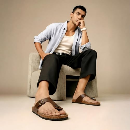 Image of YOHO Sandals for Men | Leather Thong Sandals with Cork Footbed for Daily Wear- SDL
