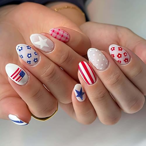 Independence Day Press on Nails Short Almond Fake Nails 4th of Ju...