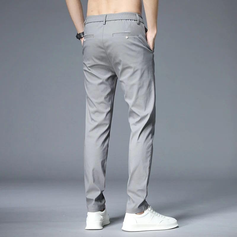 Spring Summer Casual Pants Men Cotton Stretch Slim Fit Elastic Waist Business Korean Classic Trousers Male Black4