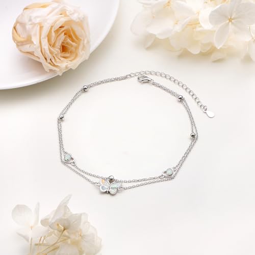 Image of Flyow Anklet for Women S925 Sterling Silver Adjustable Foot Beaded Heart Charm Ankle Bracelet Anklets Jewelry