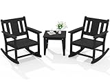 SERWALL 3 Piece Rocking Bistro Set, HDPE Outdoor Rocking Chairs with Side Table for Backyard, Porch, Poolside, Balcony and Garden - Black