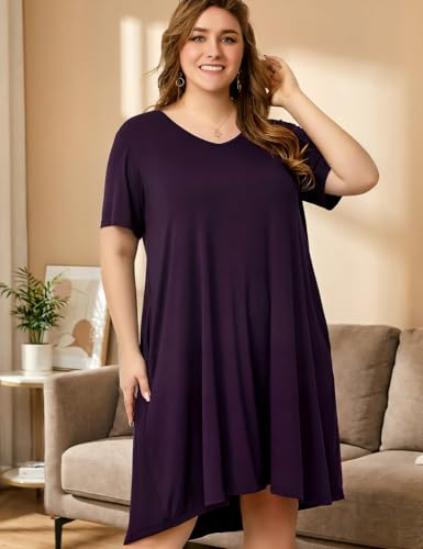 Image of OVERWORETY Womens Short Sleeve Plus Size T-Shirt Dress V Neck Casual Loose Swing A-Line Summer Tunic Dresses with Pockets