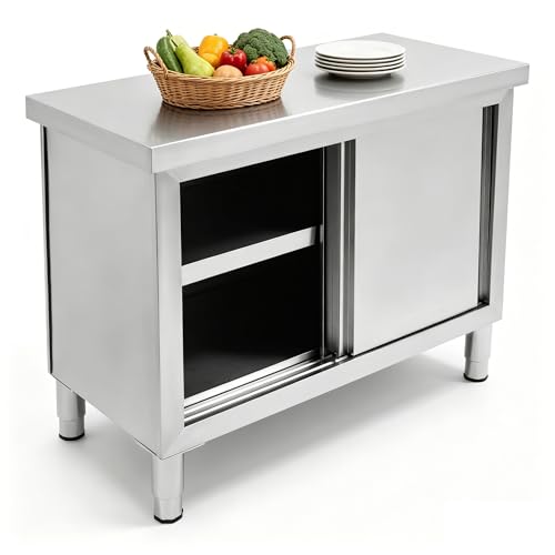 Atnhyruhd Edelstahl-Tisch mit Türen Schiebetüren Kommerzieller Arbeitstisch mit Unterschrank Küchen Arbeitstisch Schrank Edelstahl Arbeitstisch (100 * 50cm)