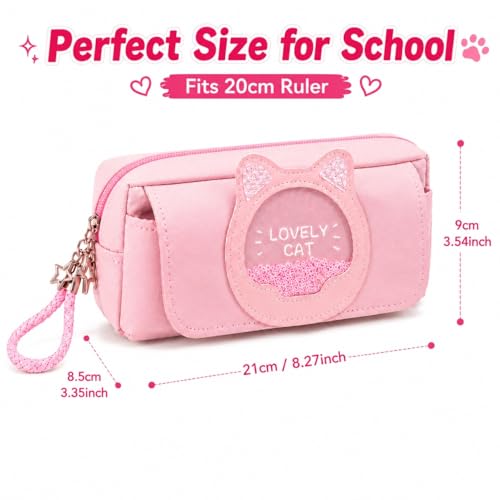 Image of Cute Kawaii Pink Cat Pencil Case for Girls - Large Capacity Double Layer PU Leather Pencil Pouch & Stationery Organizer for Aesthetic School Supplies, Travel, Office & Gifts