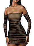 XXTAXN Women's Fall Long Sleeve Mesh Ruched Party Cocktail Mini Bilayer Bodycon Dress Black