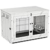Furniture-Style-Dog-Crate-End-Table-with-Tray-360-Rotatable-Removable-Dog-Bowls-2-Double-S-Hooks-Detachable-Top-Cover-Wooden-Double-Doors-Dog-Crate-for-Medium-Dog-Small-Dog-Kennel-Indoor-White Wooden Double Doors Dog Crate