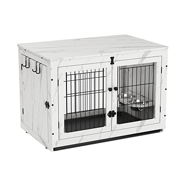 Furniture-Style-Dog-Crate-End-Table-with-Tray-360-Rotatable-Removable-Dog-Bowls-2-Double-S-Hooks-Detachable-Top-Cover-Wooden-Double-Doors-Dog-Crate-for-Medium-Dog-Small-Dog-Kennel-Indoor-White Wooden Double Doors Dog Crate