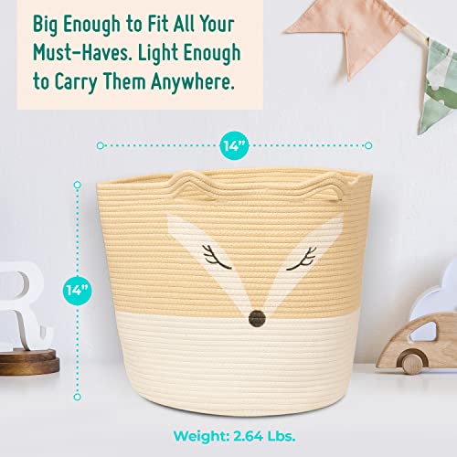 Large Cotton Rope Basket With Cute Animal Design - Unisex Bed & Bath Toy Bin Serves As Woven Laundry Basket & Nursery Hamper For Babies, Toddlers, Girls & Boys - Sturdy & Kid-Safe, 14" X 14 " #TOP1