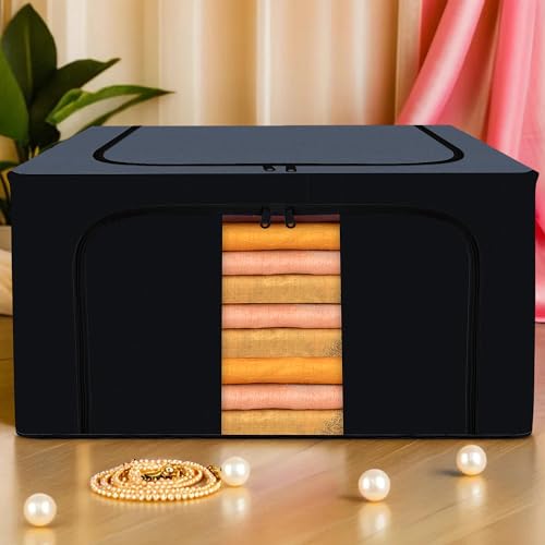 Image of Kuber Industries 66 Liter Clothes Storage Box | Underbed Storage Bag | Foldable Steel Frame Clothes Organizer | Storage Box For Wardrobe-Saree-Shirts And Blankets | Grey & Black