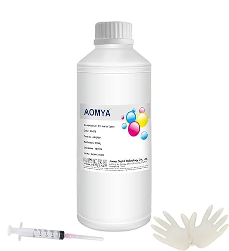 Aomya DTF-Tinte 500ML weiße DTF-Transfertinte für PET-Film, Nachfüllung für DTF-Drucker Epn ET-8550, ET-2850, XP-15000, XP600, L1800, L805, R1390, R2400, I3200, DX5, TX800, Wärmeübertragungsdruck